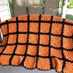 Vintage-Style Granny Square Afghan Blanket Knit Throw Orange Black Fall 48" X 62